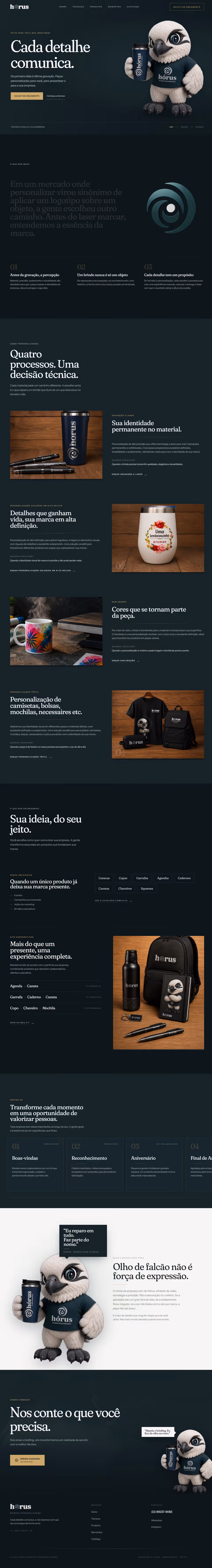 Página inicial do site Hórus Brindes, do topo ao rodapé
